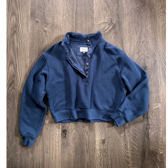 American Eagle Outfitters Tops - American Eagle Henley Cropped Sweatshirt XXS Navy Blue Cotton Sweater Collar